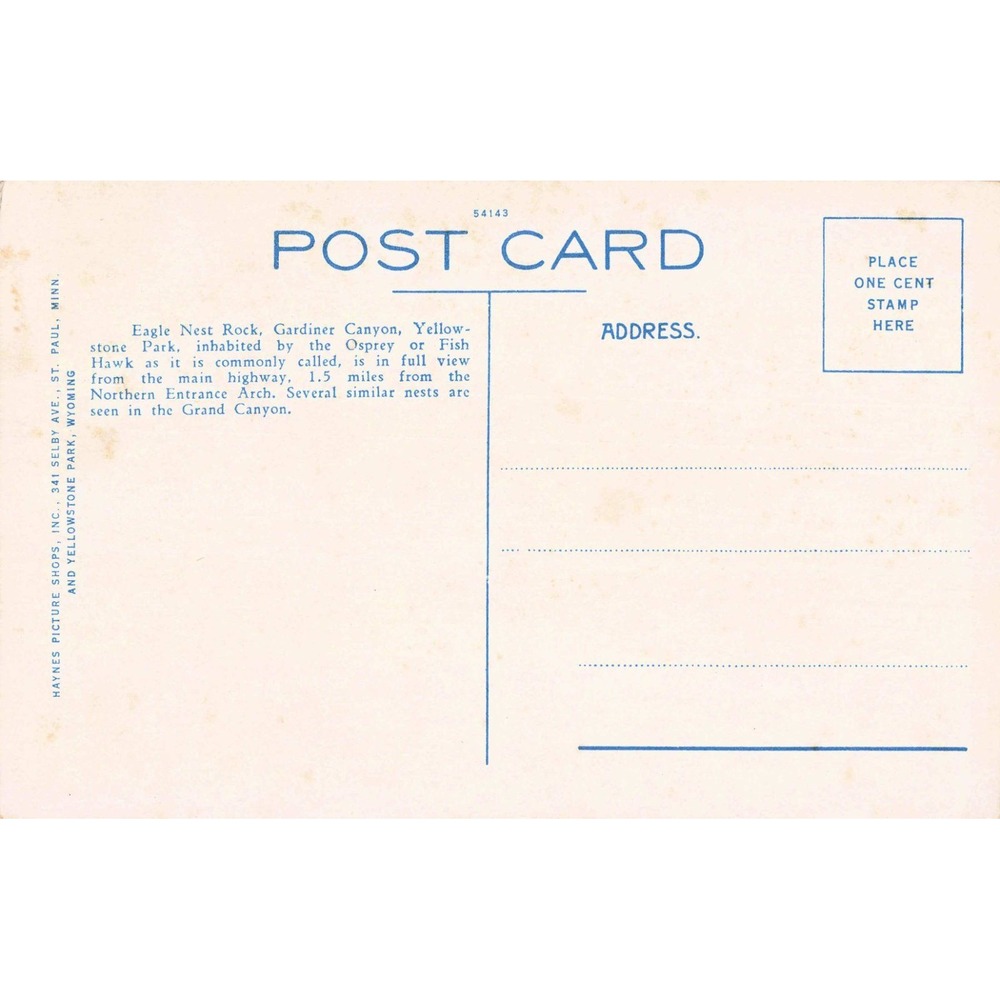 Eagle Nest Rock Gardiner Canyon Yellowstone Park Haynes Vintage Postcard 10071 - Picture 2 of 2